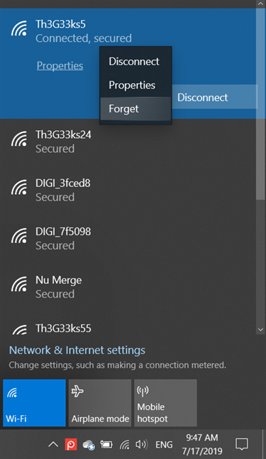 Screenshot showing forgetting a network via right-click on Wi-Fi button