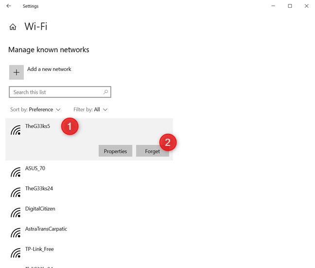 Screenshot of Manage known networks window