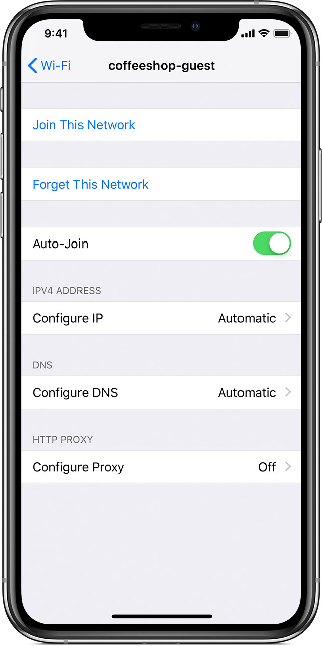 Screenshot showing forgetting a network on iOS