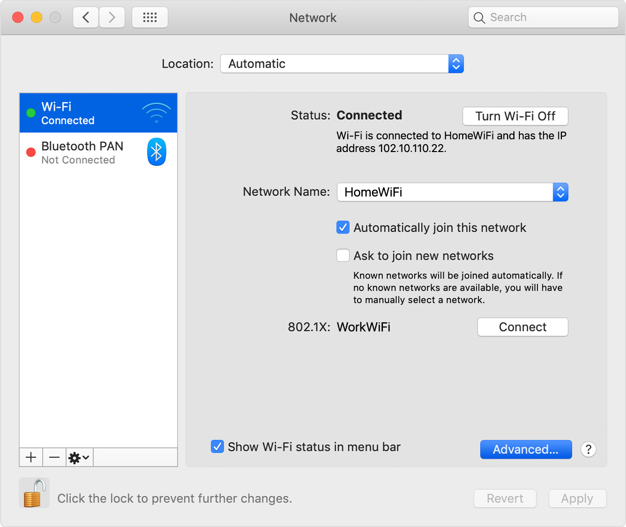 Screenshot of Network settings window in macOS