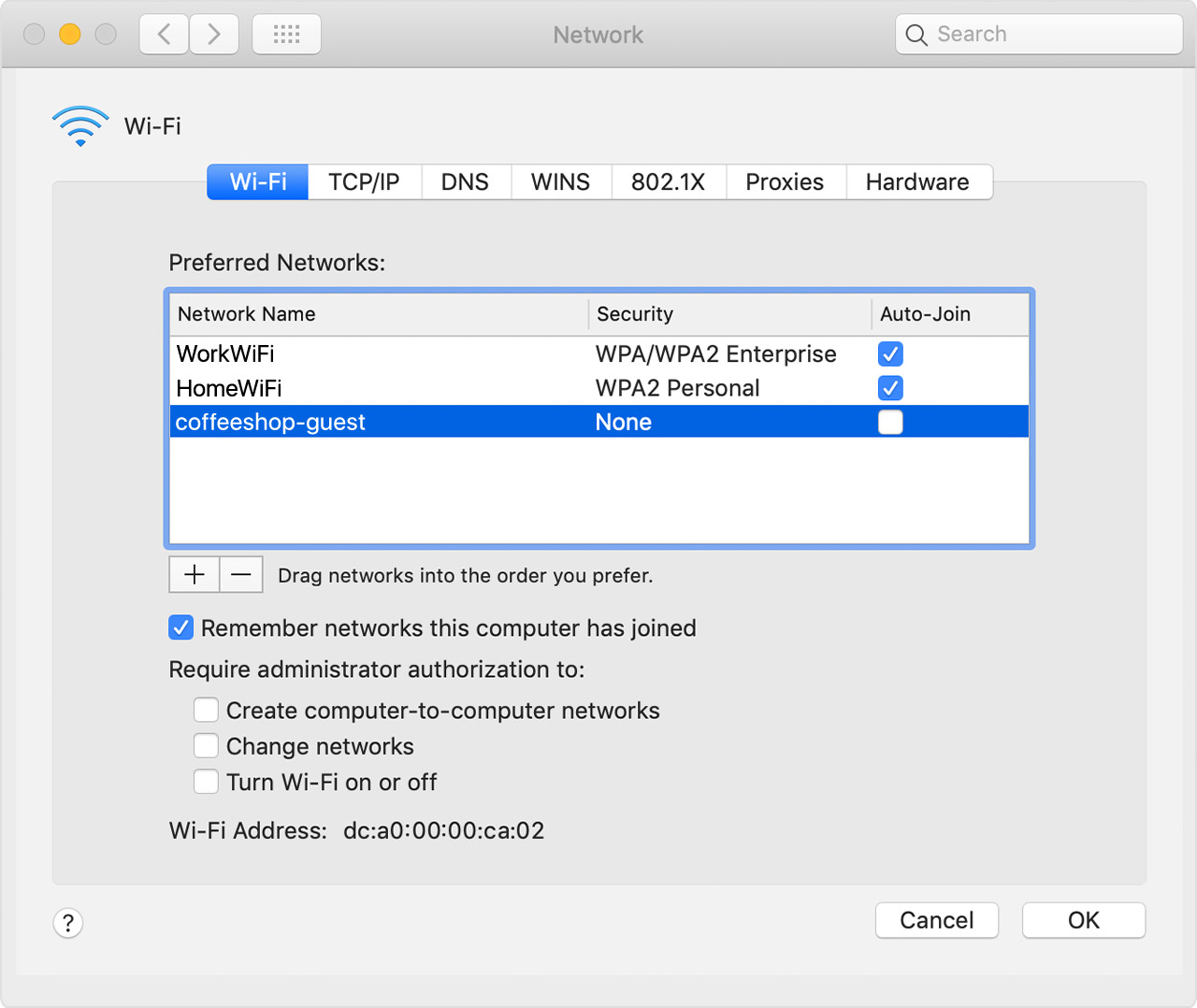 Screenshot showing selecting the Wi-Fi network you want to forget in the Preferred Networks list