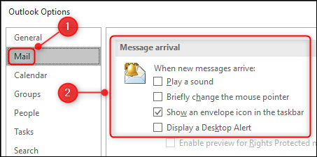 Screenshot of Outlook Options window showing the location of the Mail option on the left hand panel, and the checkboxes for turning alerts on and off