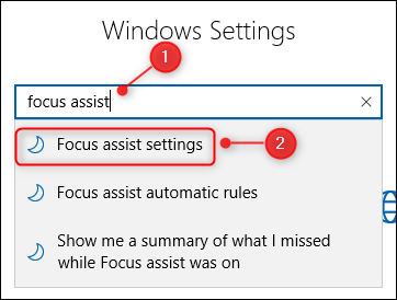 Screenshot of Windows Settings window showing the search box looking for focus assist and the Focus assist settings option in the results