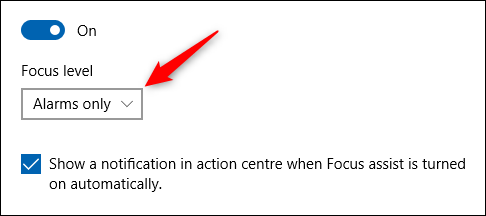 Screenshot of the individual option window showing the slider for On/off and the Focus level. There is also a checkbox set to come on for a notification in the action centre when Focus assist is automatically turned on.