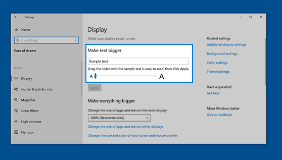 Screenshot of Display window showing the Make text bigger option with a slider for increasing the size of sample text. Click Apply to confirm your choice.