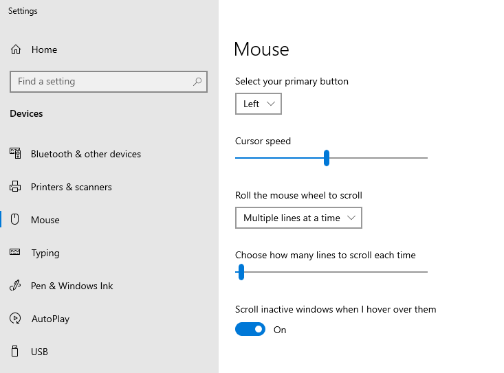 Screenshot of the Mouse Settings in Windows 10 showing the option to change the primary button from left to right.