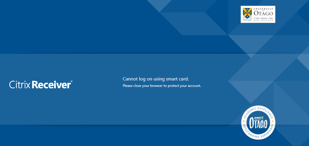 Screenshot of Citrix error message "Cannot log on using smart card. Please close your browser to protect your account."