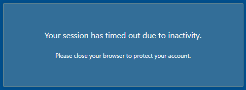Screenshot of "Your session has timed out due to inactivity. Please close your browser to protect your account." Citrix message.