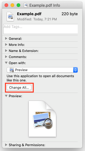 Screenshot of window that opens after you select your preferred application. Shows the location of the Change All... button which you can click if you want to use this application to open all documents like this one