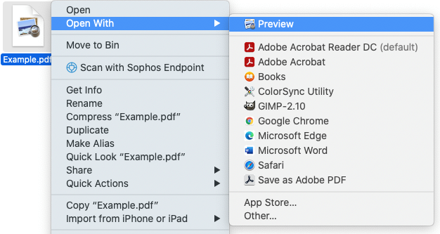 Screenshot of menu when you right-click on the PDF file, then click Open With, then select Preview from the list of available applications