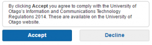 Screenshot of the acceptance prompt for the University network regulations