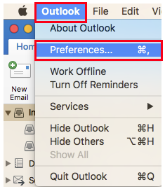 Screenshot showing finding Preferences in Outlook