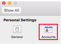 Screenshot showing the Accounts button in Personal Settings in Outlook