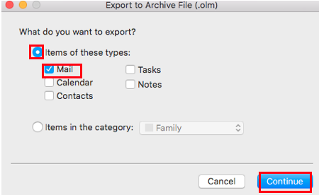 Screenshot of Export to Archive File prompt in Outlook