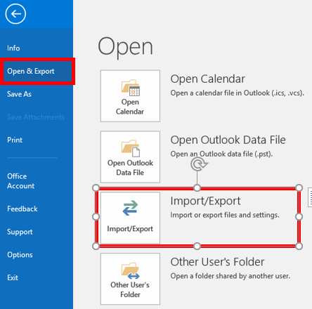 Screenshot showing Import/Export option in Outlook