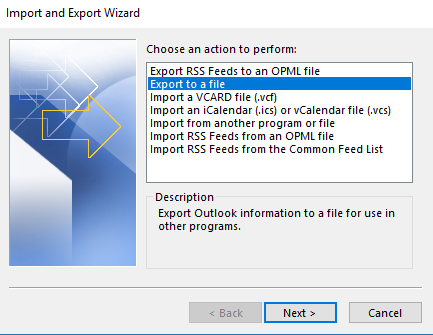 Screenshot showing the Export To File option in Outlook