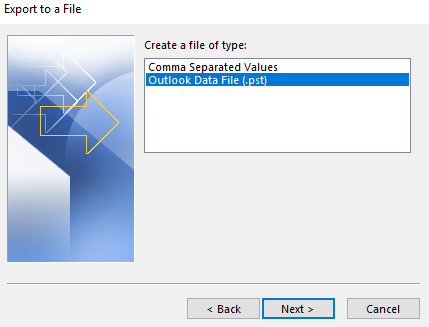 Screenshot showing create a file of type: Outlook Data File (.pst)