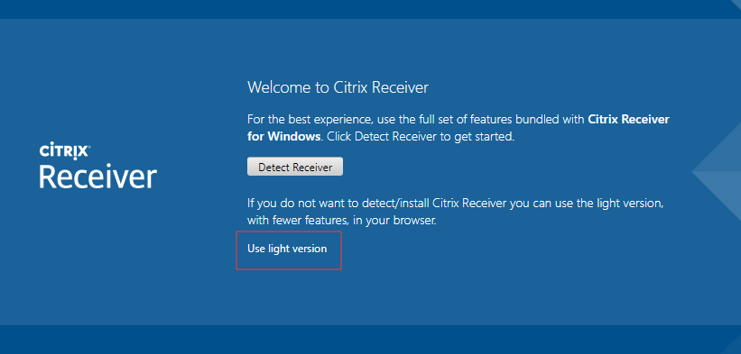 The Citrix Receiver page with Use light version link.