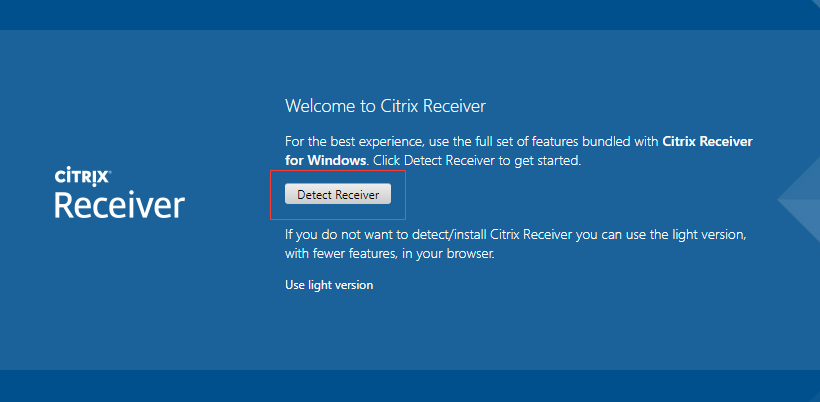 The Citrix Receiver page showing the Detect Receiver button.