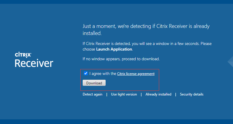The Citrix Receiver installation detection page showing the tick box for agreeing to the Citrix licence agreement and the Download button underneath.