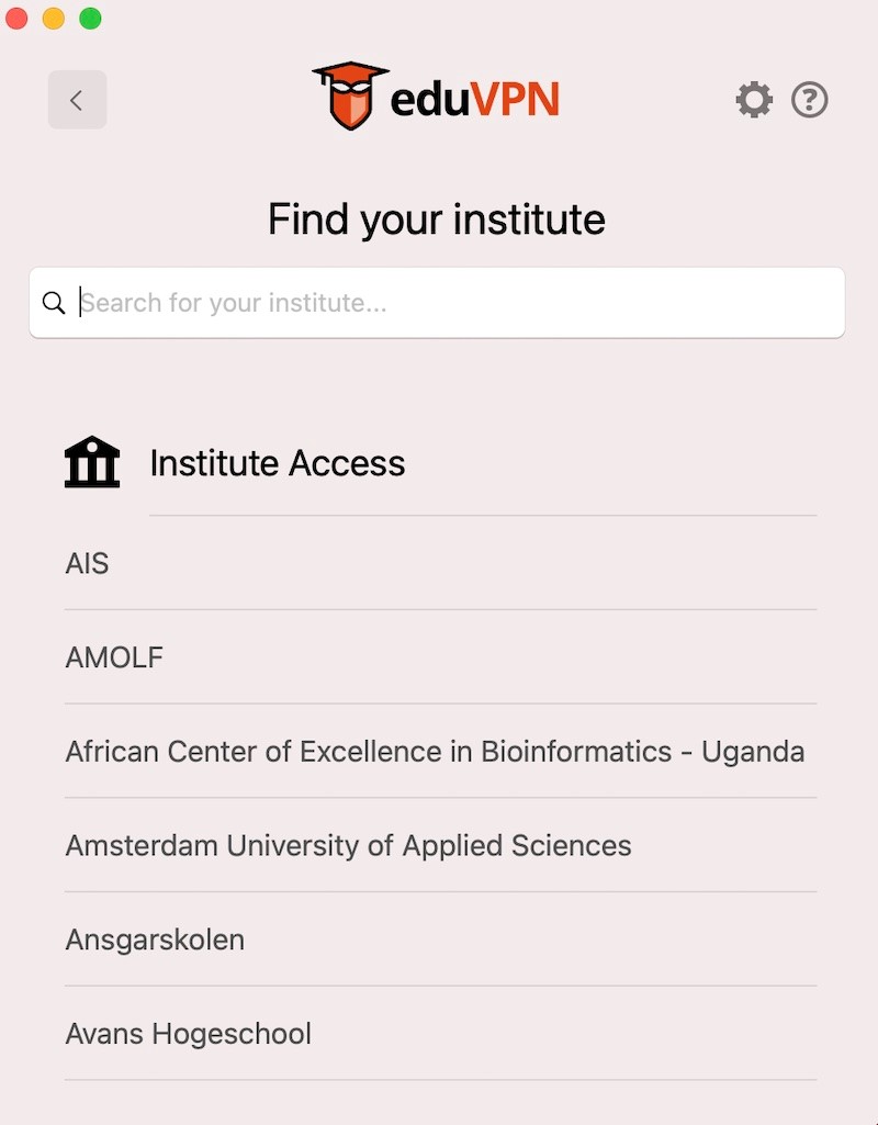 screenshot of Find your Institute screen