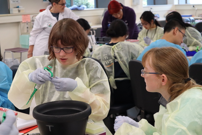 Two female students with glasses and yellow lab coats sit at a bench in a teaching lab, one with a pipette, the other watching.