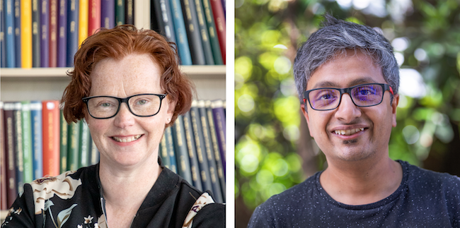 Two photo portraits of smiling people wearing glasses, side by side. On the left is a woman in front of a bookshelf full of colourful books, on the right is a man outside in front of green bushes.