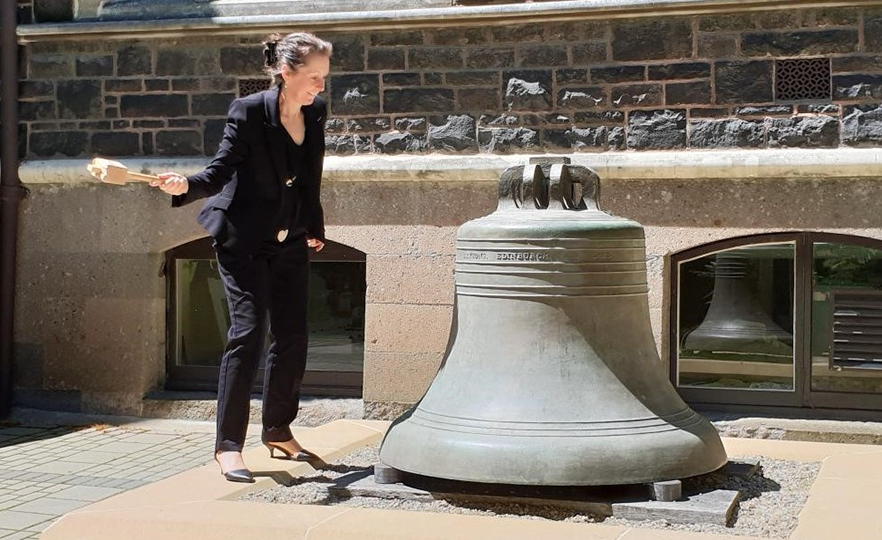 Cherie ringing the bell on completion of her thesis in December 2020 image