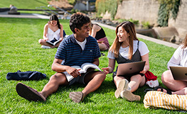 Students sitting on the grass with laptops and books talking