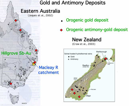 Gold and antimony deposits in New Zealand and Eastern Australia summary map