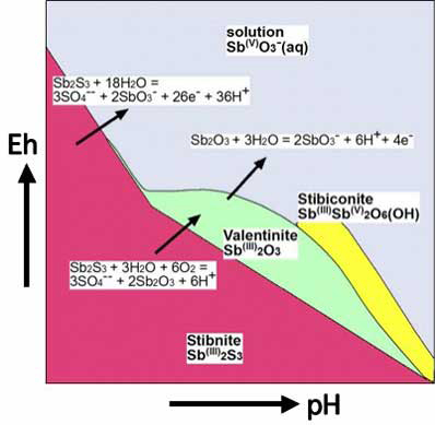 Spatial relationships among stibnite, Sb oxides and dissolved Sb in an oxidised surficial environment with chemical equations linking different Sb species