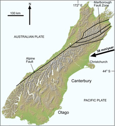 Map of the South Island with the Alpine Fault at the foothills of the southern alps on the western side. A remarkably straight line. The Plate motion vector is also shown: 38mm from slightly north of east.