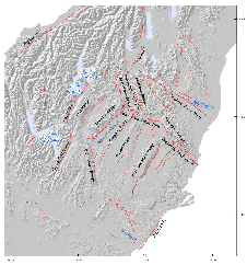 Principle faults in Otago. Faults generally trend either northeast or southeast. Faults are at the foothills of many mountain ranges such as the rock and pillar range