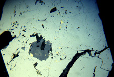 Microscopic gold: blebs with irregular shape (maximum size is 0.01 millimetres) inside a grain of arsenopyrite (FeAsS) in the Hyde-Macraes Shear Zone at Macraes gold mine