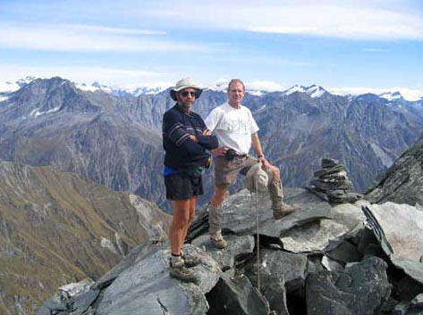 Dave Craw and Doug MacKenzie on the top of Mt Aurum, Shotover Range, Central Otago 2006.
