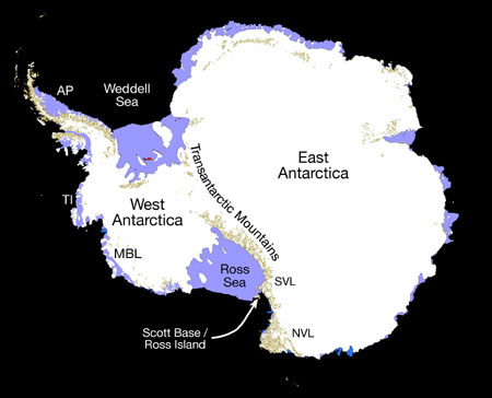 Fig.1 Map of the Antarctic continent showing the Transantarctic Mountains dividing East and West Antarctica