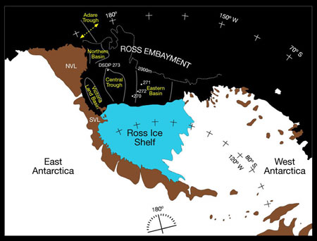 Fig.4. The Ross Sea area showing the Transantarctic Mountains, the offshore sedimentary basins of the Ross Embayment, and location of Eocene-Oligocene spreading in the Adare trough