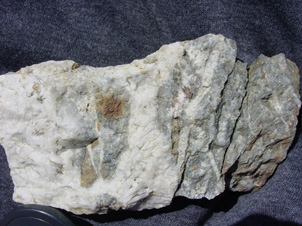 Photograph of a piece of mineralized quartz vein material (white) from Oturehua, with grey silicified schist breccia fragments. Oxidised pyrite and arsenopyrite in the central breccia fragment forms a brown patch. Gold is associated with these sulphide minerals. Orange-brown staining of the silicified breccia at right is due to oxidation of hydrothermal iron-bearing carbonate (ankerite).