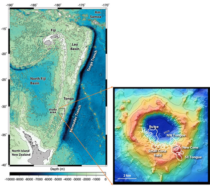 Fig. 1. Showing the location of the Havre Caldera within the Kermadec arc. Insert shows the new sea floor features identified when the volcano was mapped after the generation of the 2012 pumice raft.