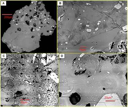 Fig. 3. BSE images of some of the ash examined. (A) Large scale view of a dense particle. (B), (C) and (D) show the microlite populations of the juvenile components from syn-eruptive ash venting, pre-cursor explosion and a vulcanian explosion respectively.
