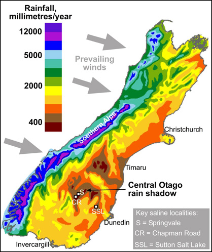 Rainfall map of the South Island, based on NIWA data