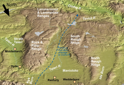 Oblique topographic view (2x vertical exaggeration) of the upper Taieri River catchment. The view is towards the southwest, as seen from above Ranfurly. The Maniototo basin in centre forground is where the Kye Burn and other streams from the north join the Taieri River that drains from the south. 
