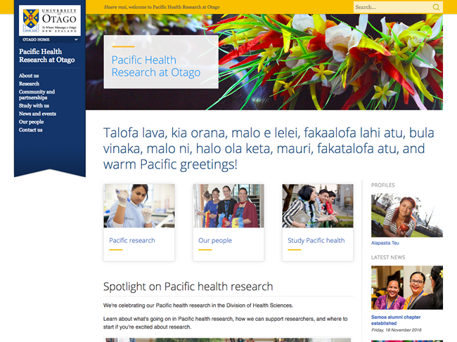 Pacific Health Research at Otago website screenshot