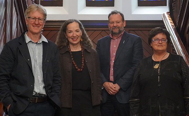 Poutoko Taiea Distinguished  chairs 2022 Professors group photo (four of five recipents) Professors James Higham, Lisa Matisoo-Smith, Phil  Bremer and Michelle Thompson-Fawcett image 1