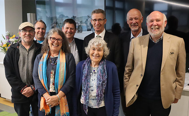 Celebrating the launch of the Donald Scott Memorial Scholarship in Freshwater Ecology at the University of Otago on 27 October 2022 are (back row from left) Robert Scott, Andrew Scott, Otago