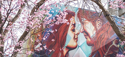 Hongi mural on Castle lecture theatre in spring