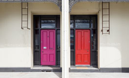 Front doors of University of Otago rental accommodation. Image.