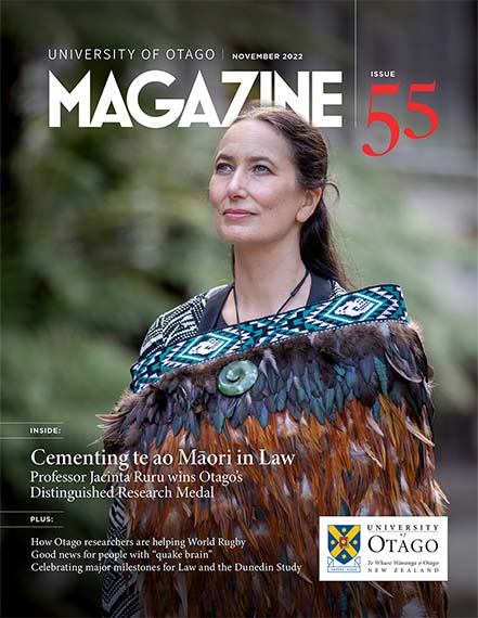 Cover artwork of Otago Magazine issue 55 - Jacinta Ruru wearing a traditional korowai - a traditional feathered cloak