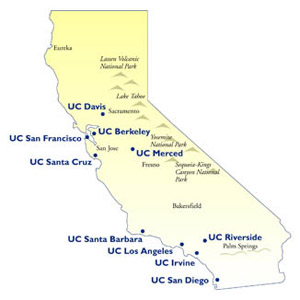 A map outlining the University of California campus locations