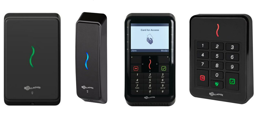 Four Gallagher card access readers image – T11 Multi Tech reader, T15 Multi Tech reader, T20 Multi Tech terminal, T30 MIFARE keypad reader